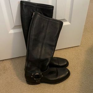 Women’s black leather Frye Phillip harness boot